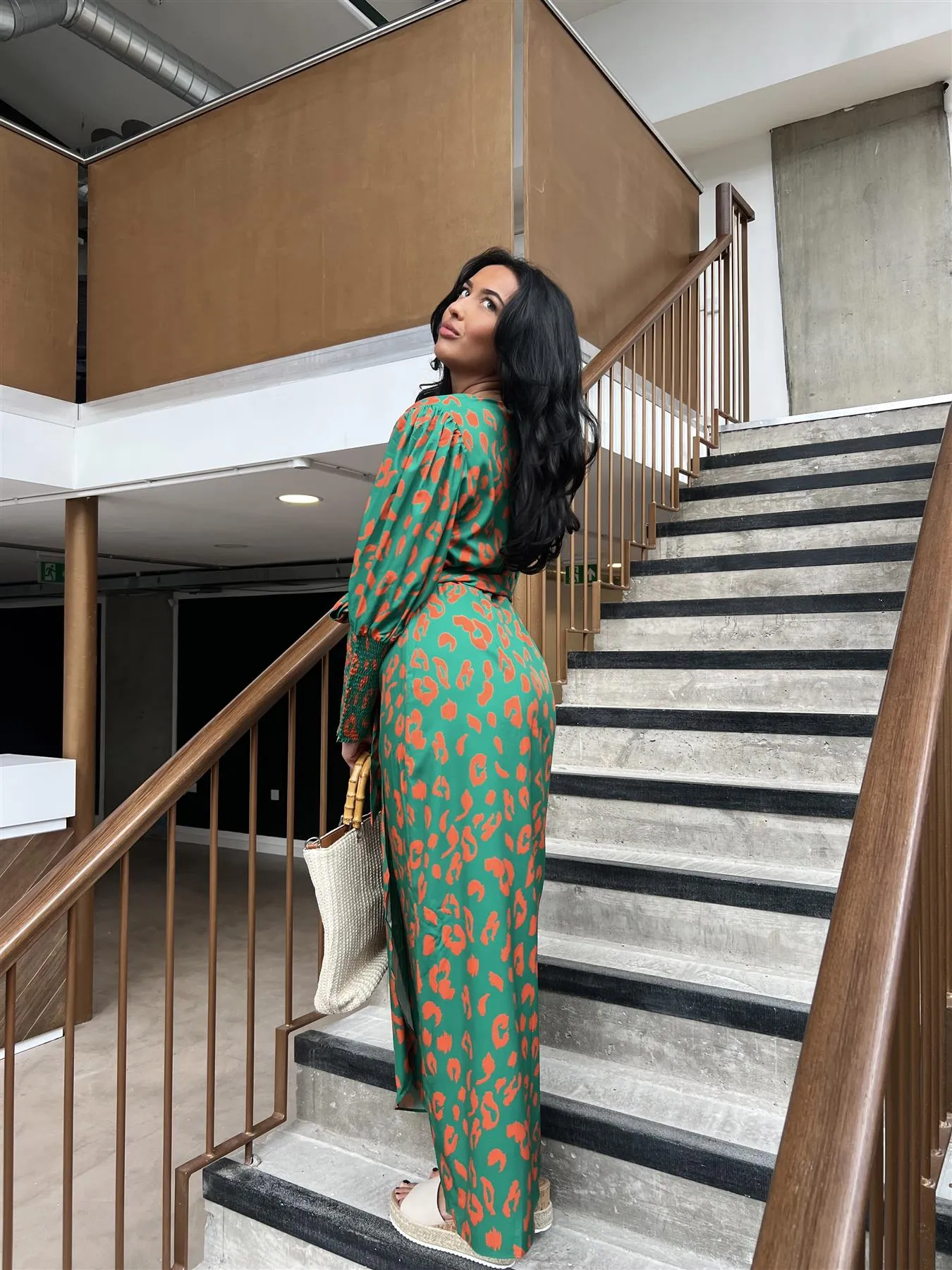 Green-Orange Leopard Wrap Midi-Dress