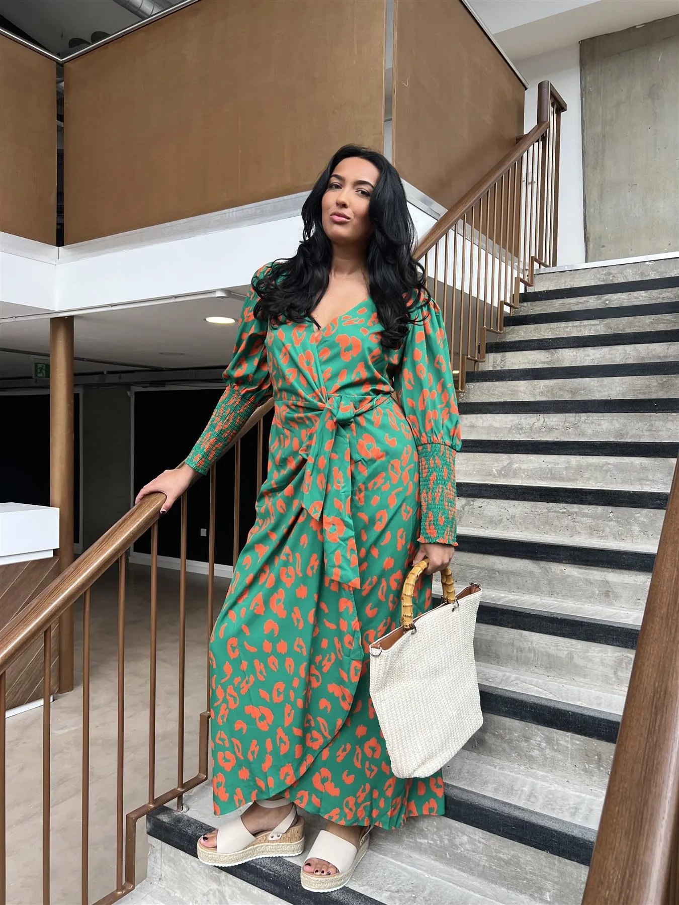 Green-Orange Leopard Wrap Midi-Dress