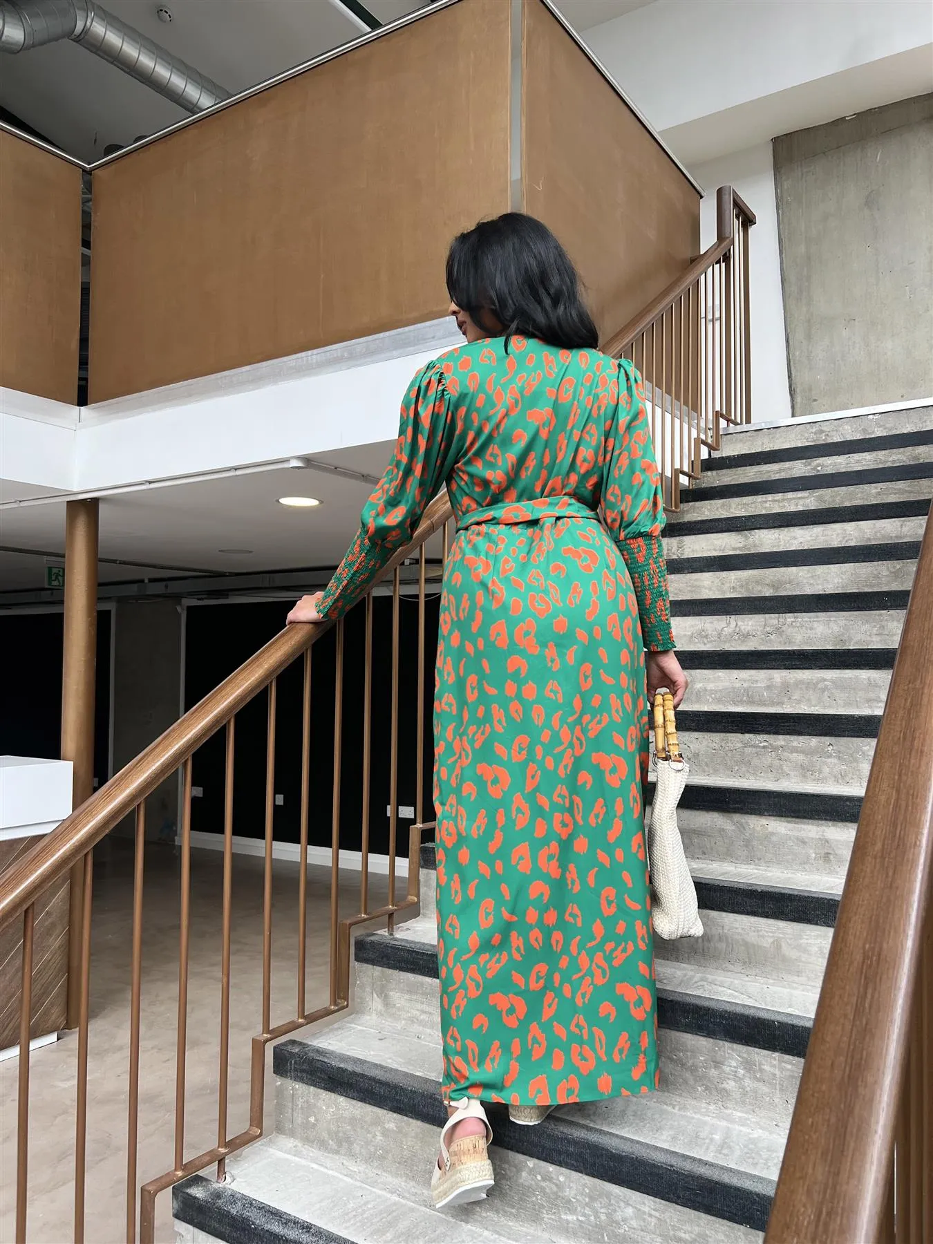 Green-Orange Leopard Wrap Midi-Dress