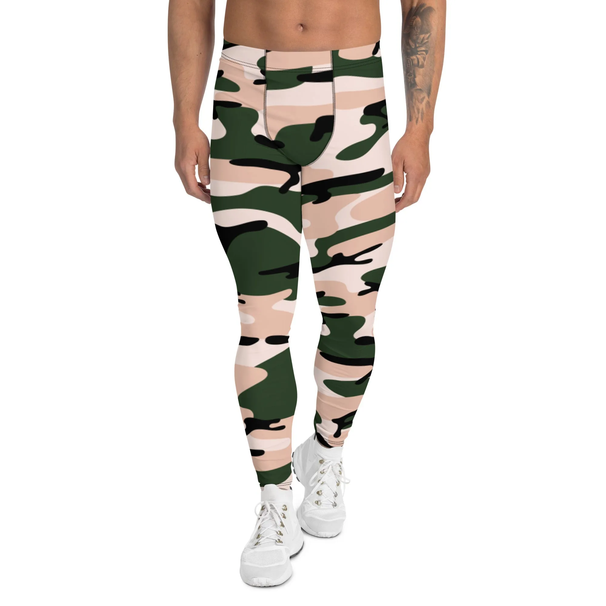 Green Pink Camo Men's Leggings, Army Camouflage Premium Quality Meggings Running Tights-Made in USA/EU/MX