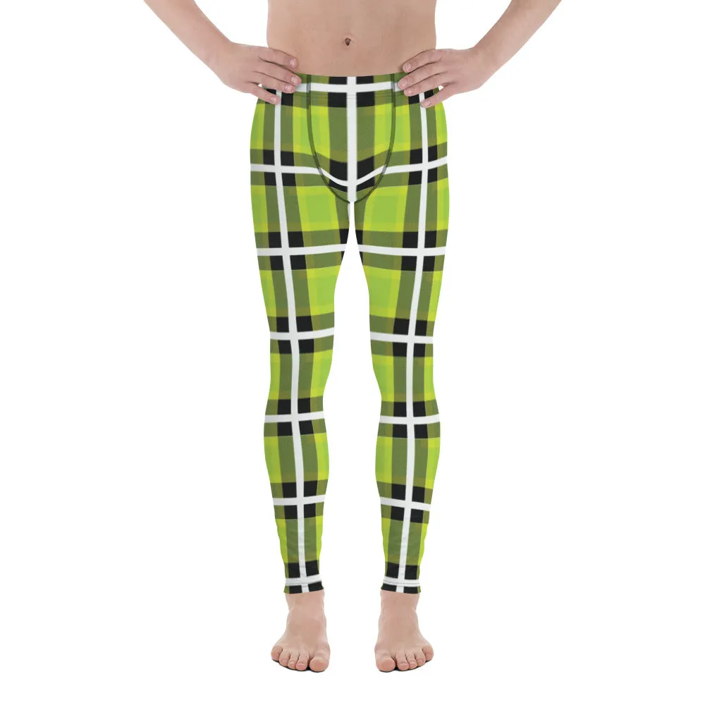 Green Plaid Print Men's Leggings, Tartan Plaid Printed Fashion Preppy Meggings-Made in USA/EU