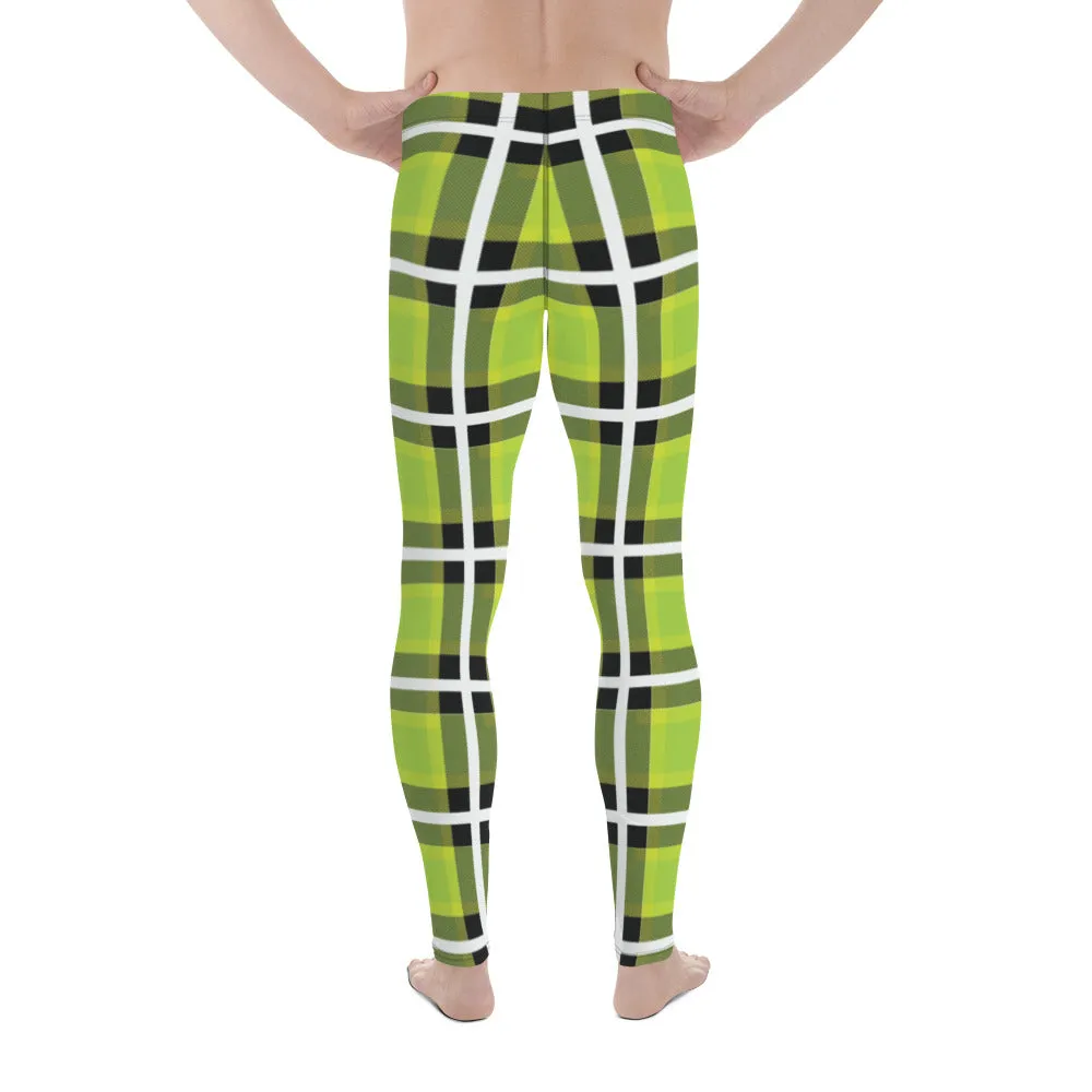 Green Plaid Print Men's Leggings, Tartan Plaid Printed Fashion Preppy Meggings-Made in USA/EU