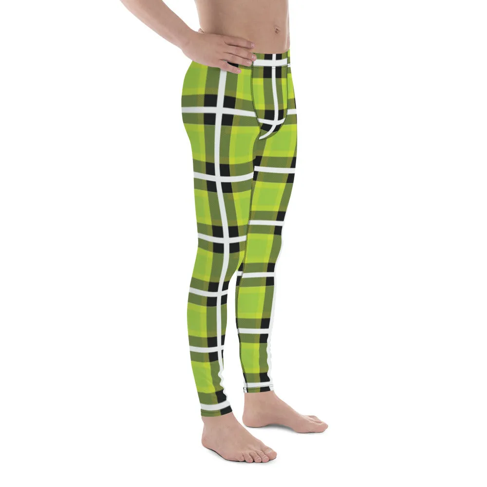 Green Plaid Print Men's Leggings, Tartan Plaid Printed Fashion Preppy Meggings-Made in USA/EU