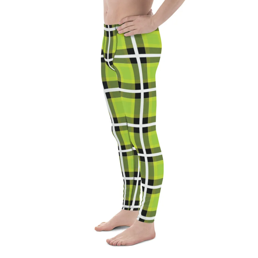 Green Plaid Print Men's Leggings, Tartan Plaid Printed Fashion Preppy Meggings-Made in USA/EU