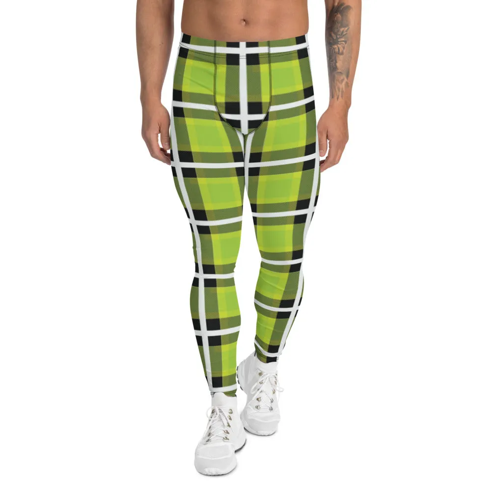 Green Plaid Print Men's Leggings, Tartan Plaid Printed Fashion Preppy Meggings-Made in USA/EU