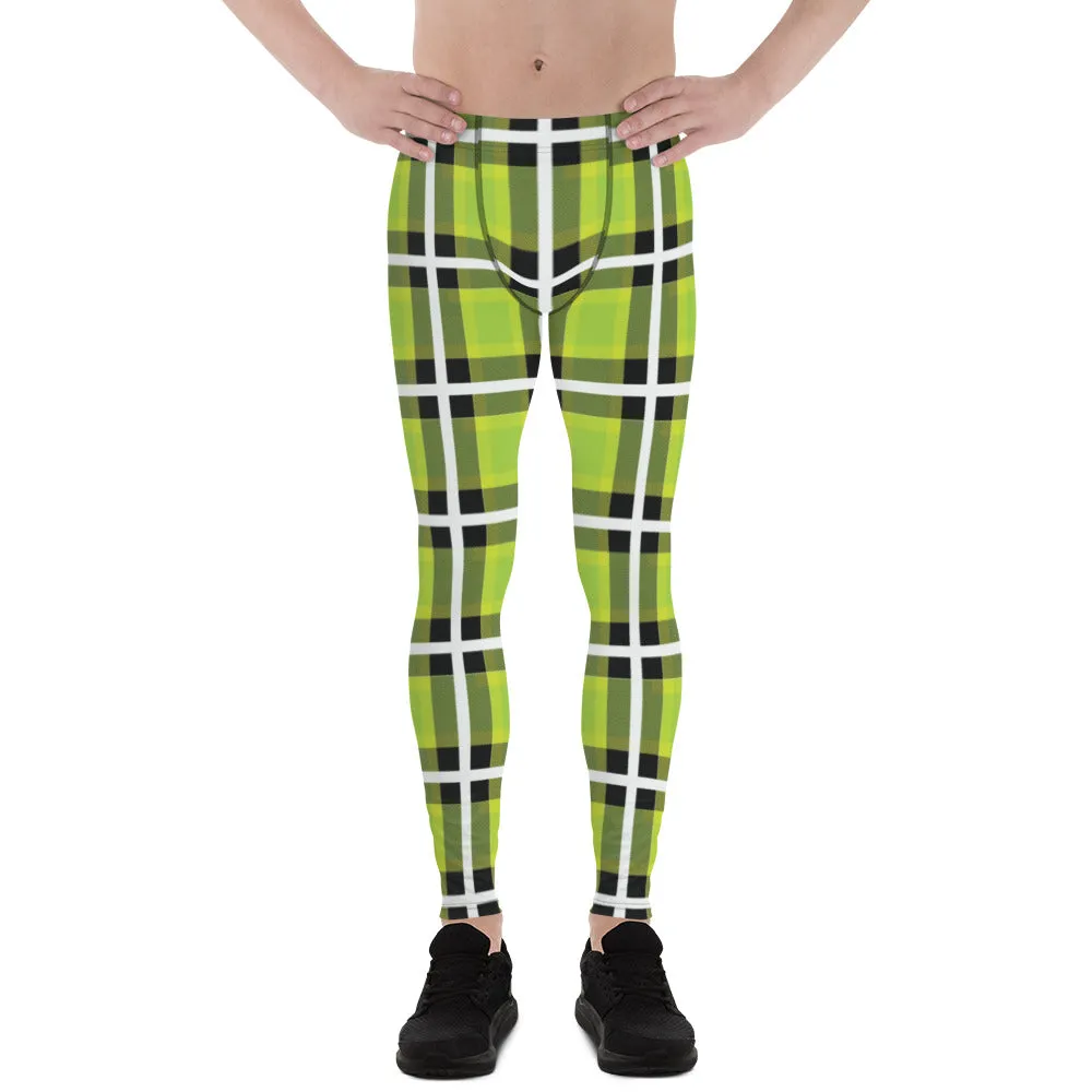 Green Plaid Print Men's Leggings, Tartan Plaid Printed Fashion Preppy Meggings-Made in USA/EU