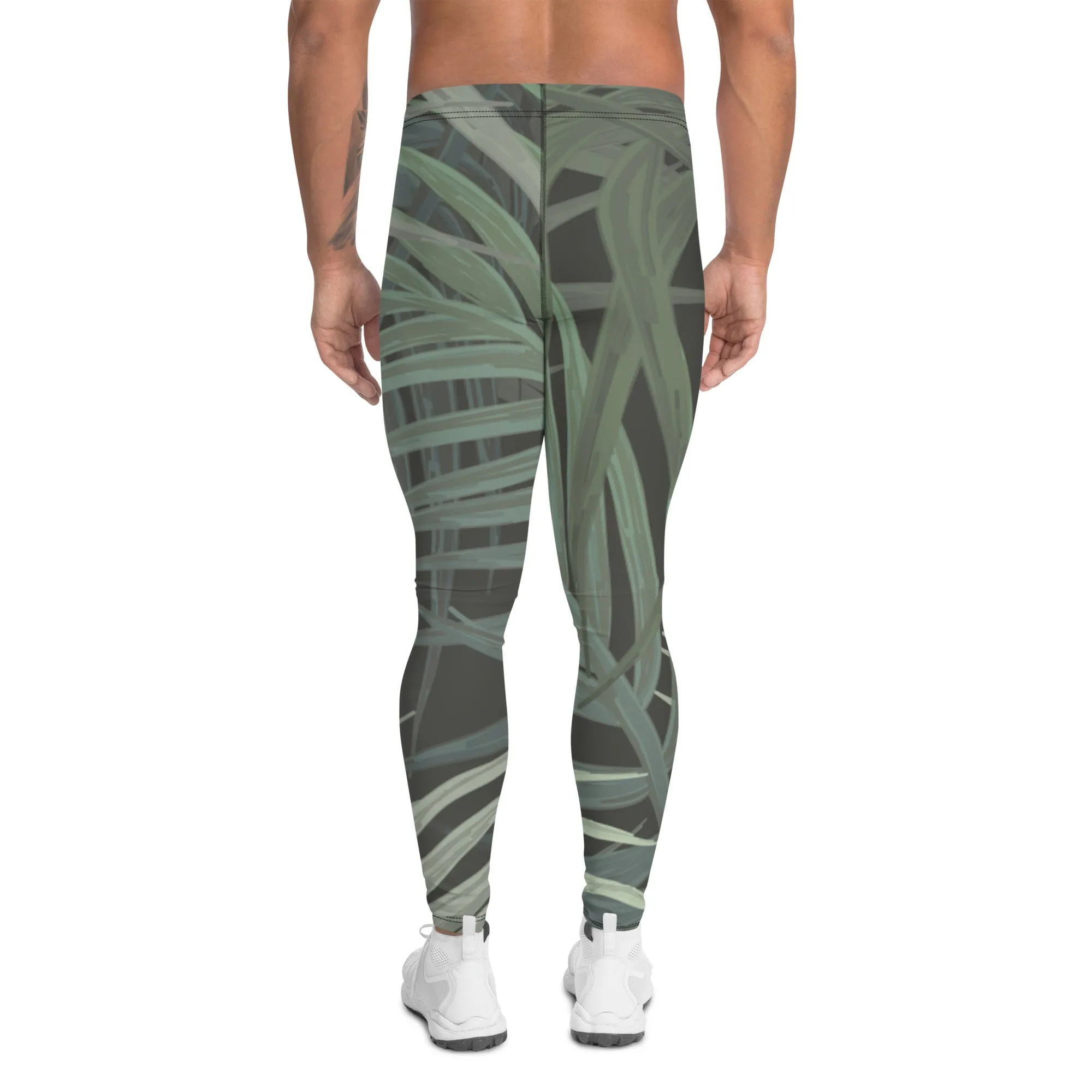 Grey Tropical Leaves Men's Leggings, Best Men's Leggings, Tropical Leaves Print Designer Running Compression Tights For Men - Made in USA/EU/MX