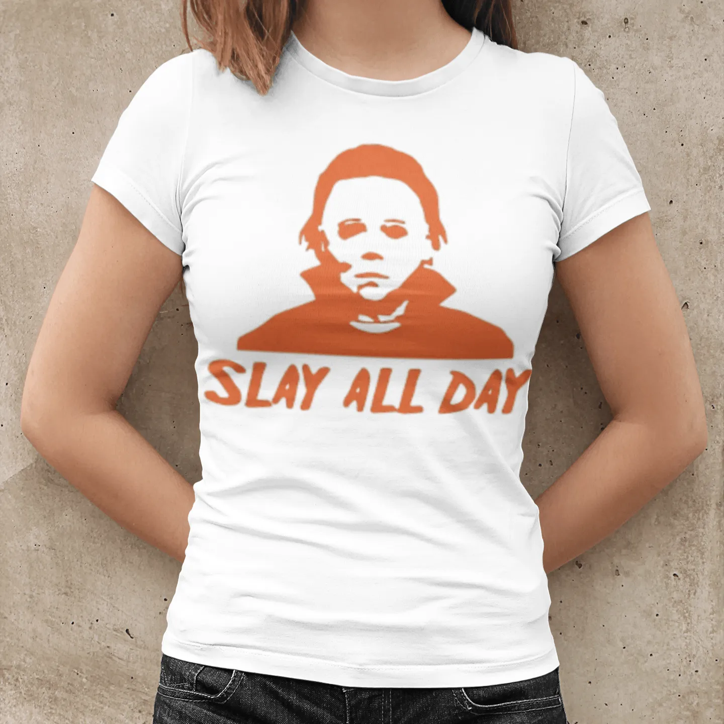 Halloween Tshirt Mike Myers Slay All Day Short Sleeve 100% Cotton Crew Neck Top