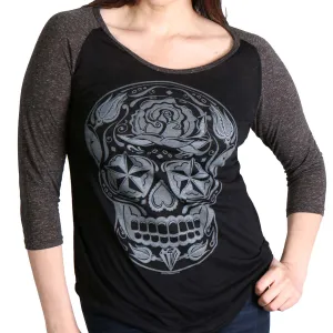 Hot Leathers GLC3352 Sugar Skull Black and Heather Grey 3/4 Sleeve Ladies Shirt