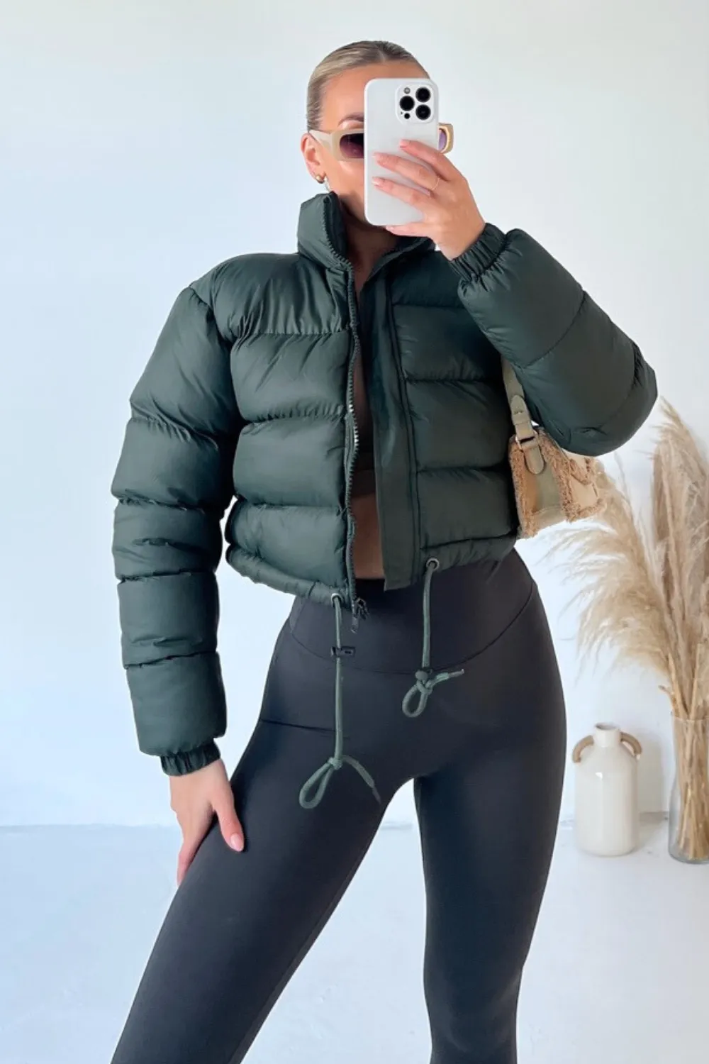 Karmin Khaki crop puffer coat