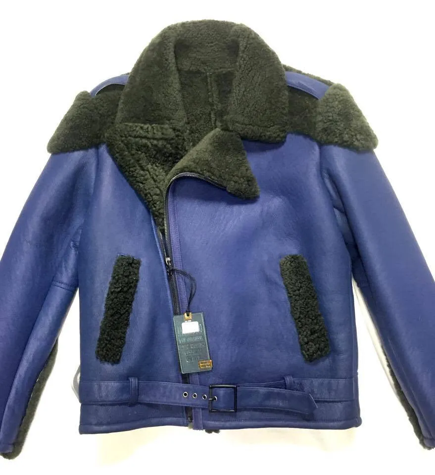 Kashani - Green/Blue Biker Style Shearling Jacket