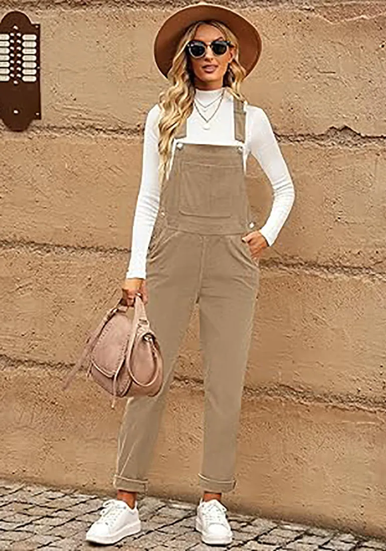 Khaki Womens Overalls Corduroy Bib Adjustable Straps Fashion Jumpsuit Overall for Women with Pocket