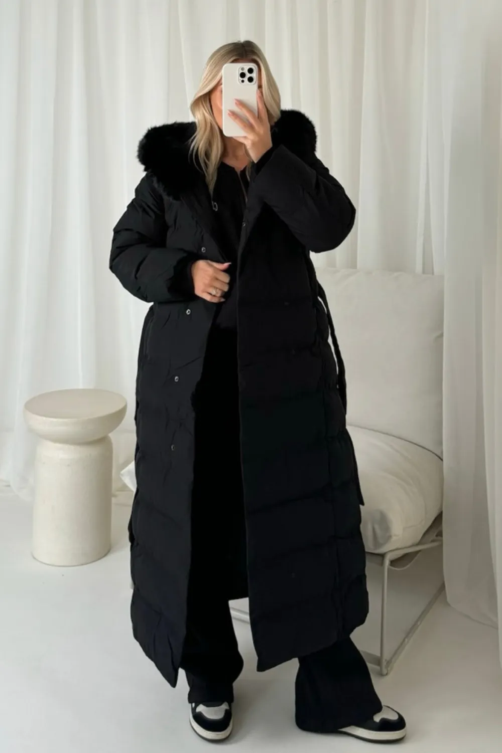 Laurena black long padded hooded puffer coat