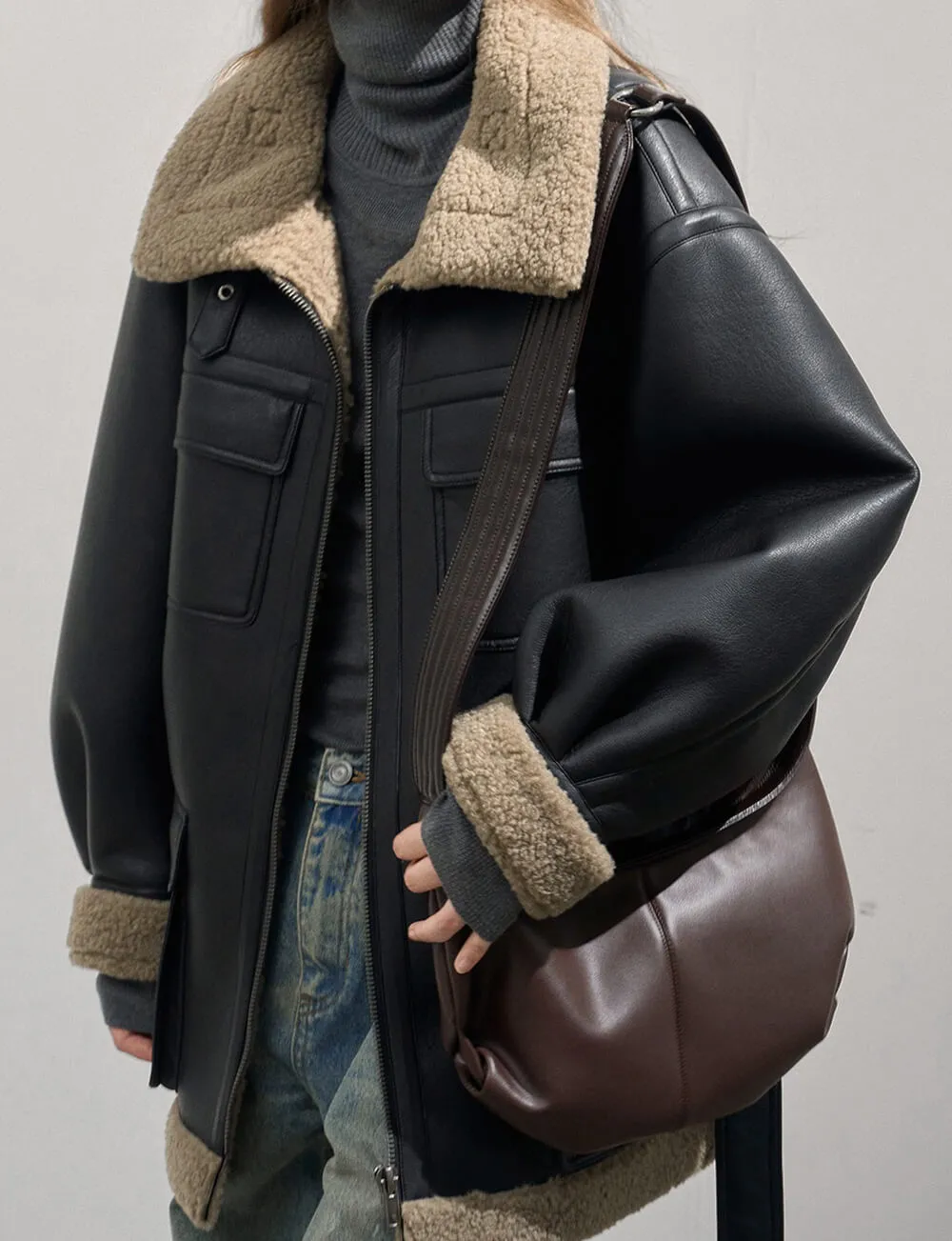 Leather Shearling Cargo Pocket Coat