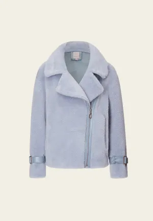 Light Blue Wool Shearling Biker Jacket