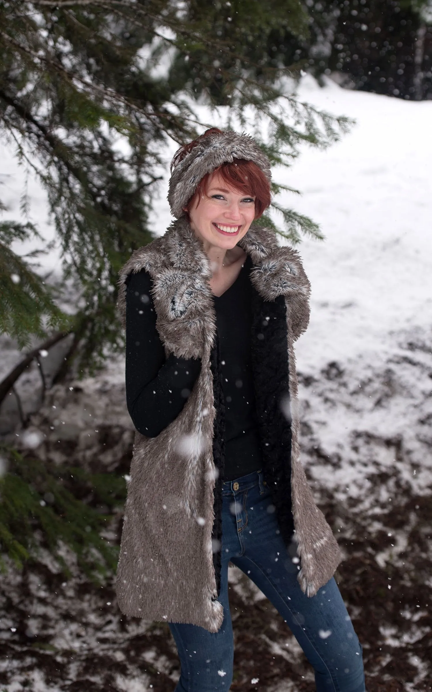 Mandarin Vest - Red Fox Faux Fur with Cuddly Black Faux Fur (One Small Left!)