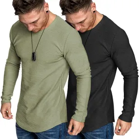 Men 2 Pack Muscle Fitted T Shirt Gym Workout Athletic Long Sleeves Tee