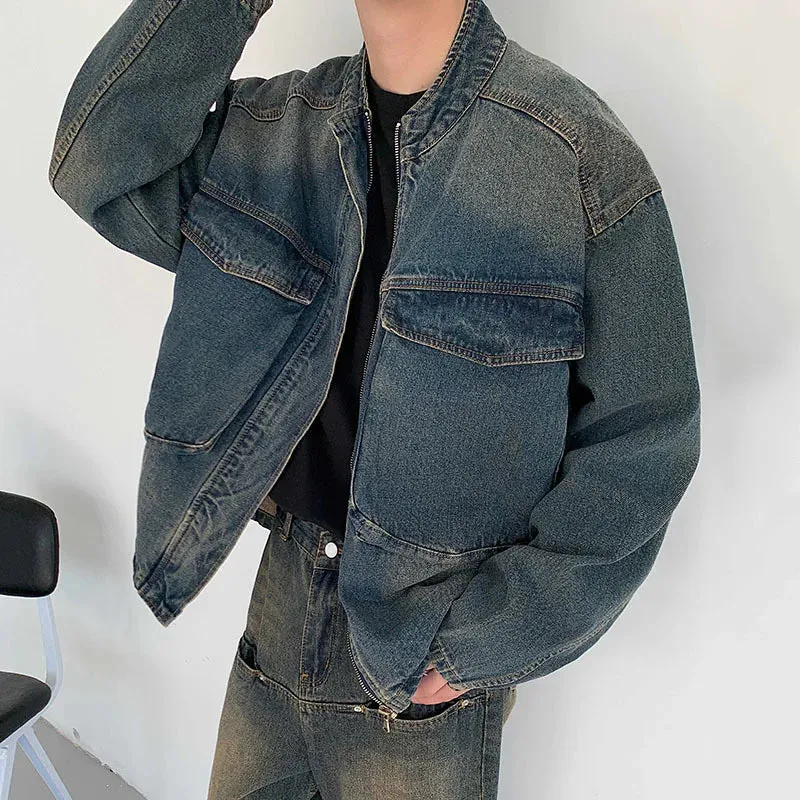 Men's Denim Jackets Casual Big Pockets Gradient Color Menwear Stand Collar Stand Collar Male Coats American Style 9C6717