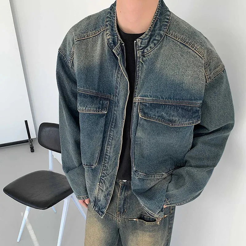 Men's Denim Jackets Casual Big Pockets Gradient Color Menwear Stand Collar Stand Collar Male Coats American Style 9C6717