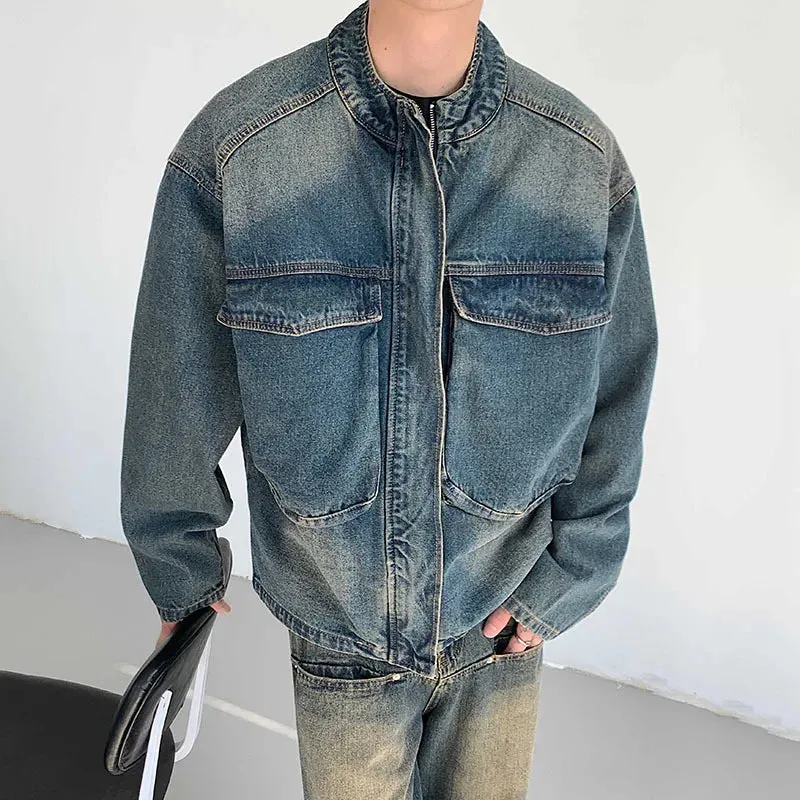 Men's Denim Jackets Casual Big Pockets Gradient Color Menwear Stand Collar Stand Collar Male Coats American Style 9C6717