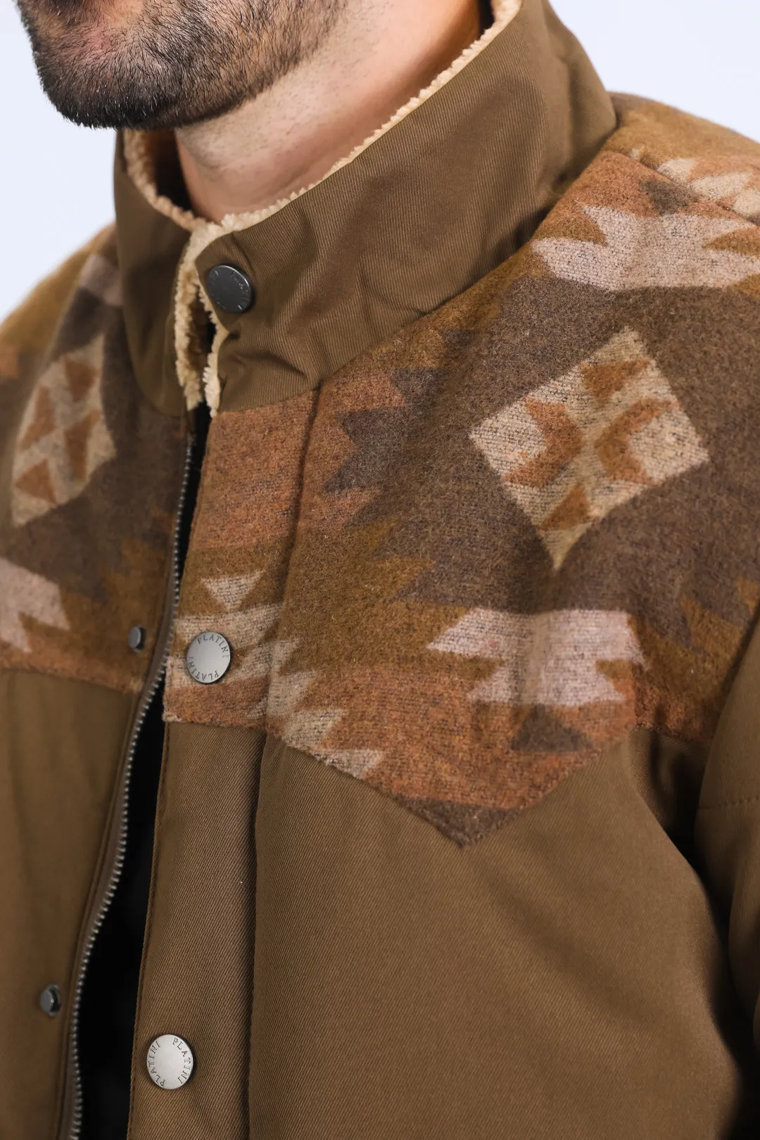 Men's Ethnic Aztec Quilted Fur Lined Twill Brown Jacket