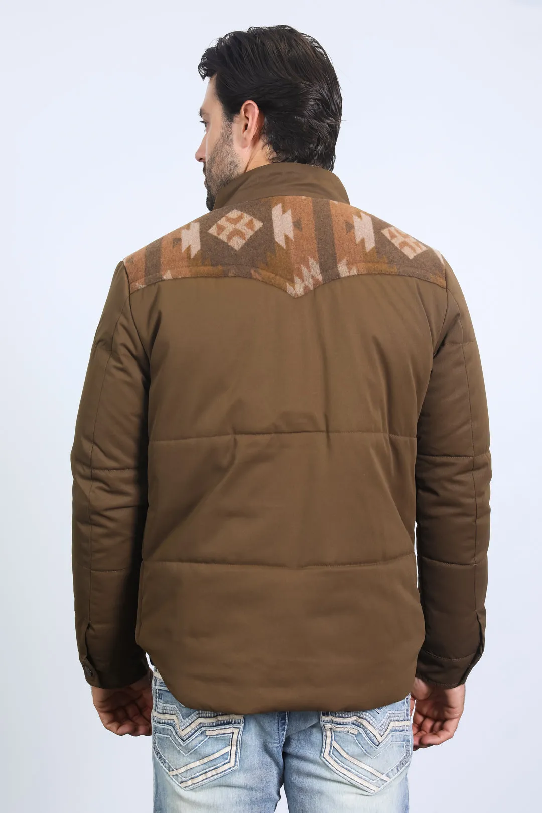 Men's Ethnic Aztec Quilted Fur Lined Twill Brown Jacket