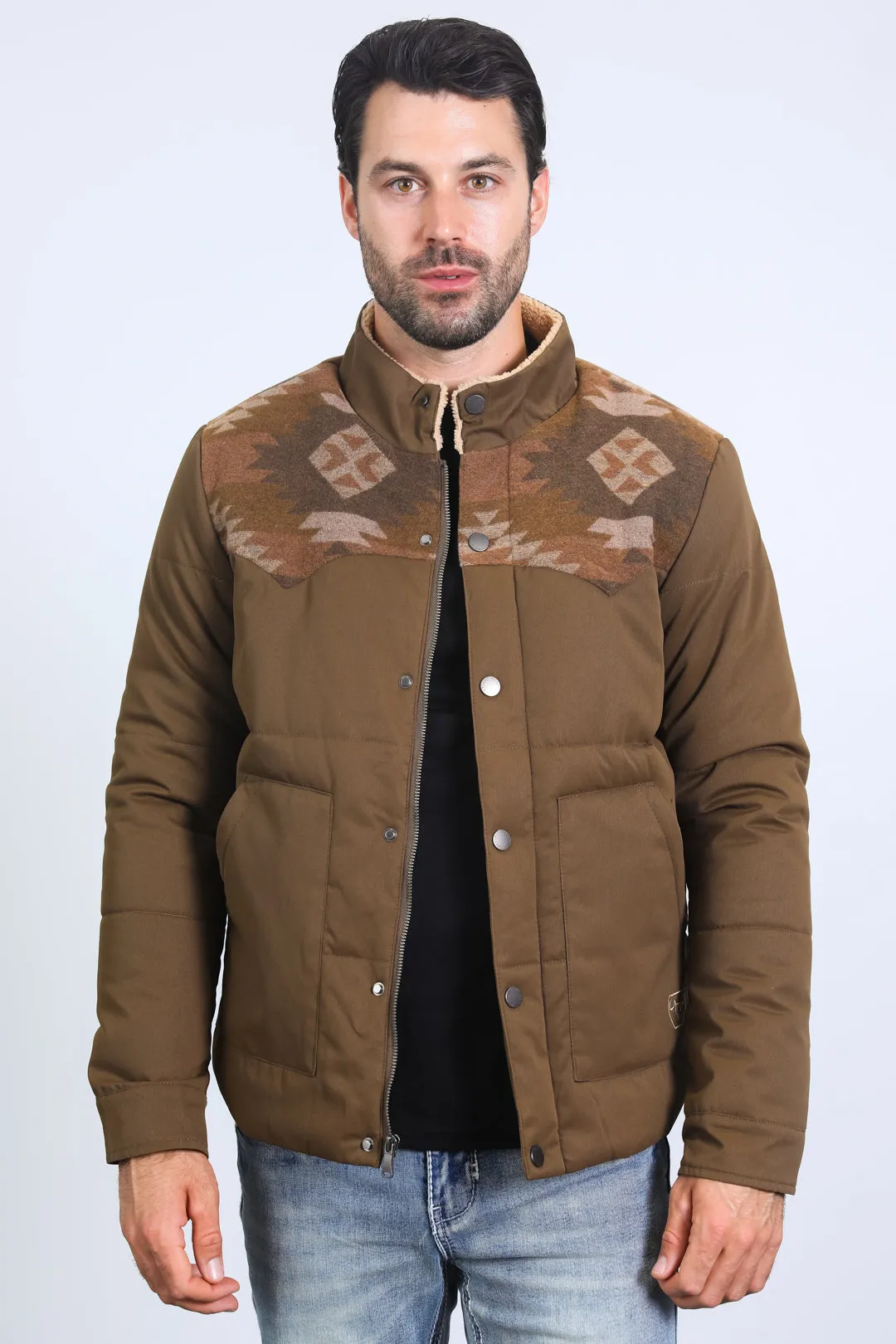 Men's Ethnic Aztec Quilted Fur Lined Twill Brown Jacket