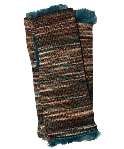 Men's Fingerless / Texting Gloves (Mid-Length) Reversible - Sweet Stripes in English Toffee with Cuddly Faux Fur