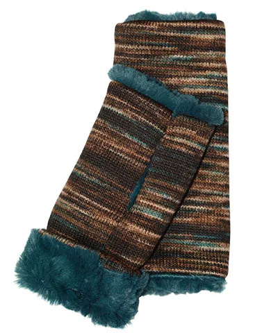 Men's Fingerless / Texting Gloves (Mid-Length) Reversible - Sweet Stripes in English Toffee with Cuddly Faux Fur