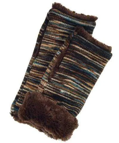 Men's Fingerless / Texting Gloves (Mid-Length) Reversible - Sweet Stripes in English Toffee with Cuddly Faux Fur