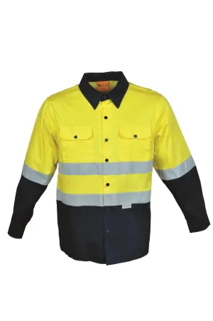 Mens Hi-Viz L/S Cotton Drill Shirt w/Reflective Tape - Yellow/Navy