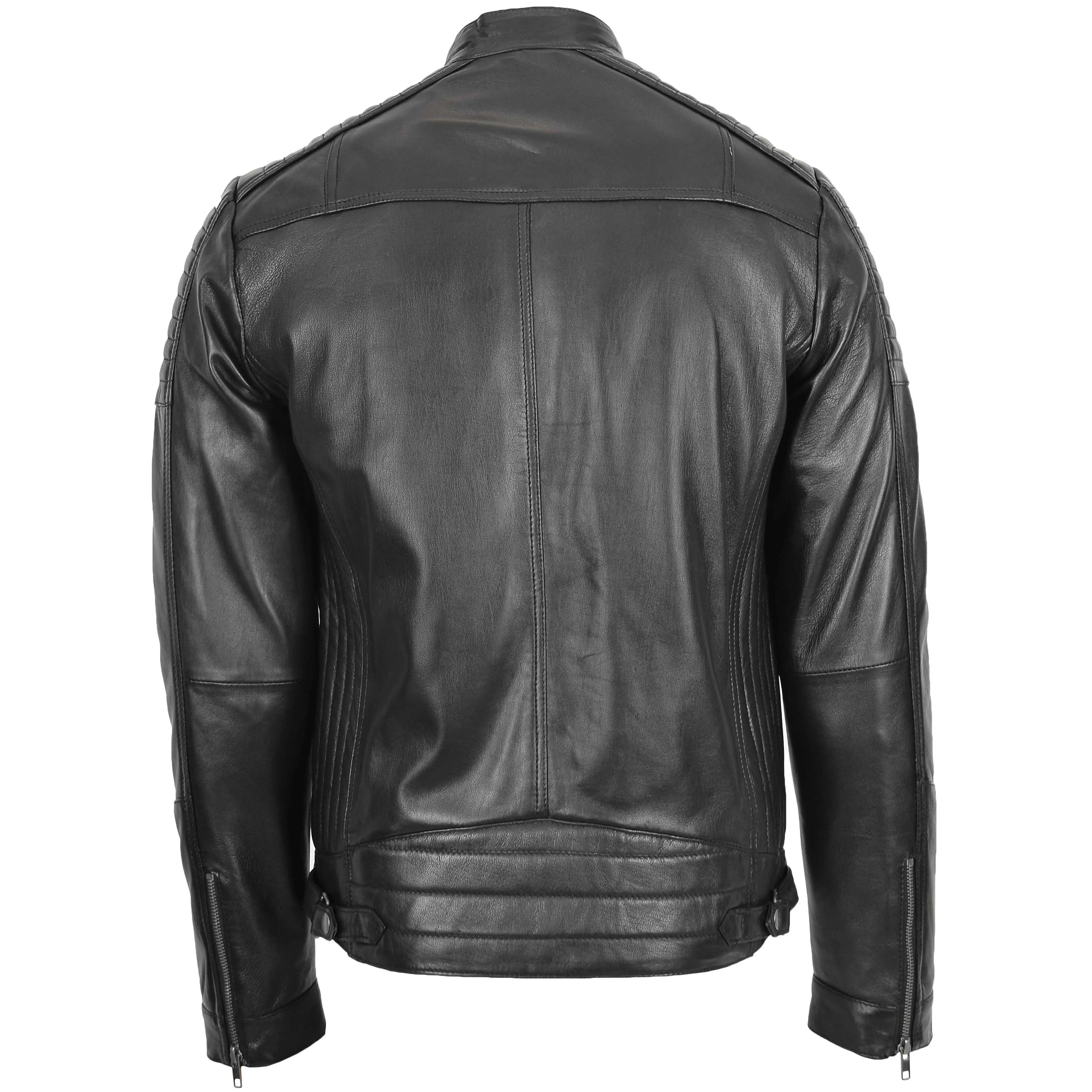 Mens Leather Cafe Racer Biker Jacket Ron Black