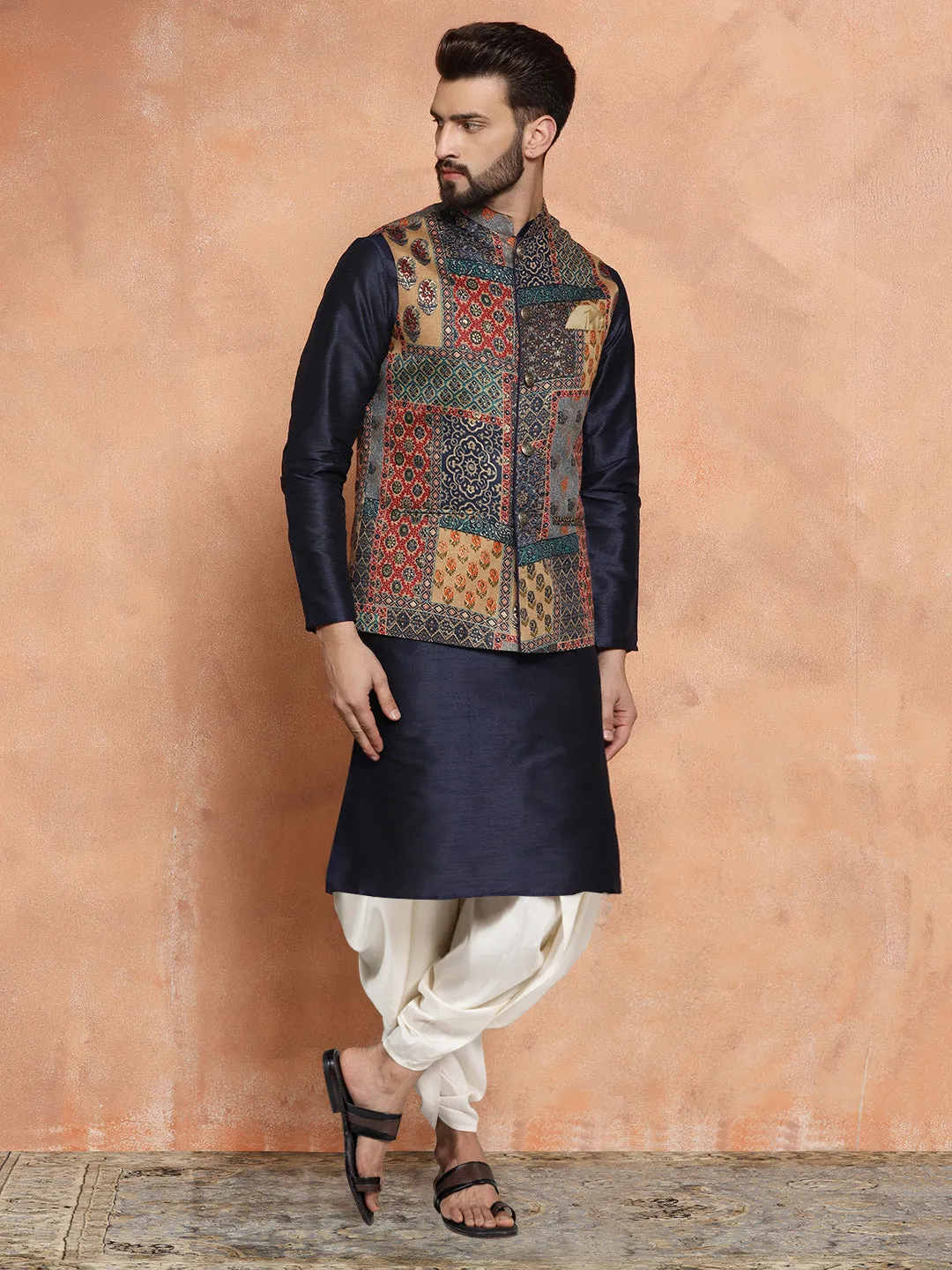 Men's Multi Color Kurta Jacket Dhoti Set