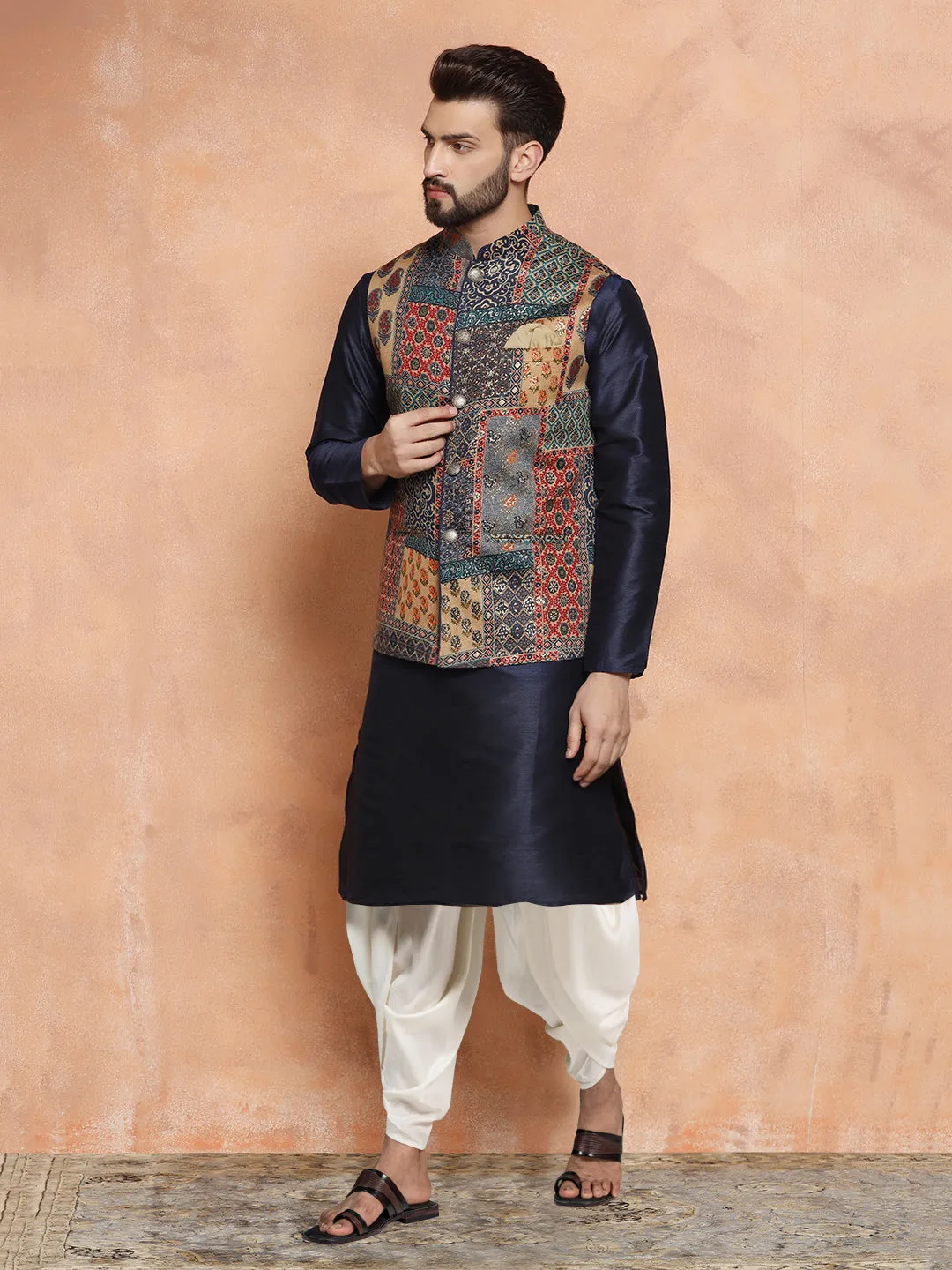 Men's Multi Color Kurta Jacket Dhoti Set