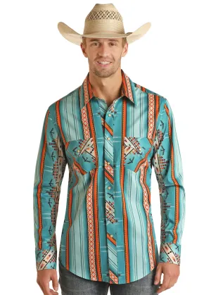 Men's Rock & Roll Turquoise Aztec Print Long Sleeve Snap Shirt