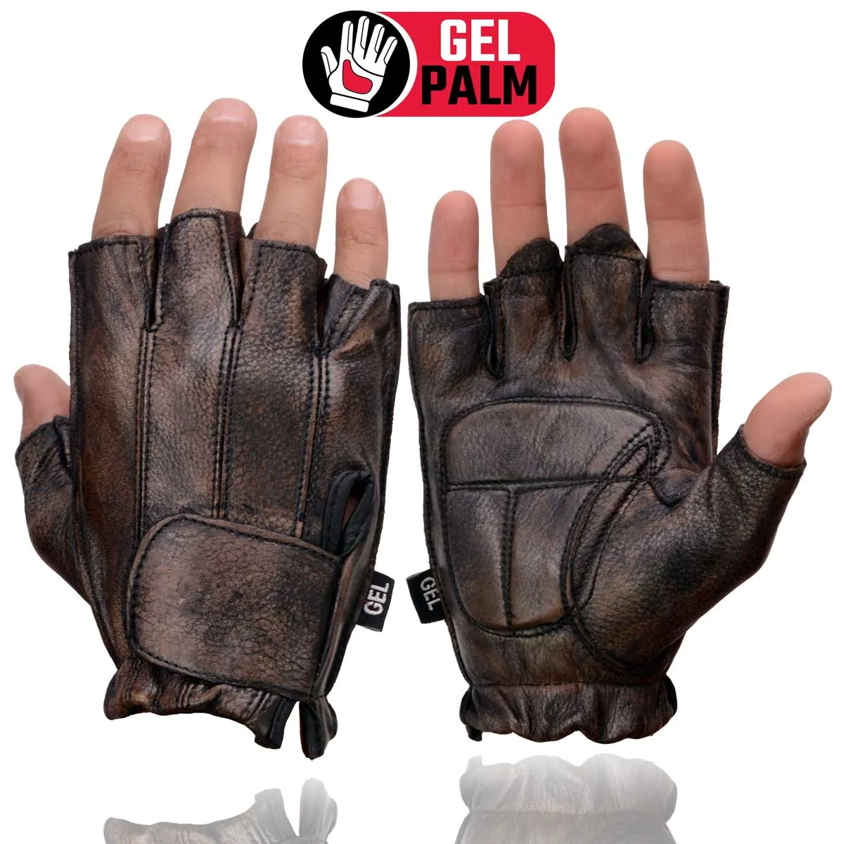 Milwaukee Leather MG7561 Men's Premium Brown Leather Gel Padded Palm Fingerless Motorcycle Hand Gloves