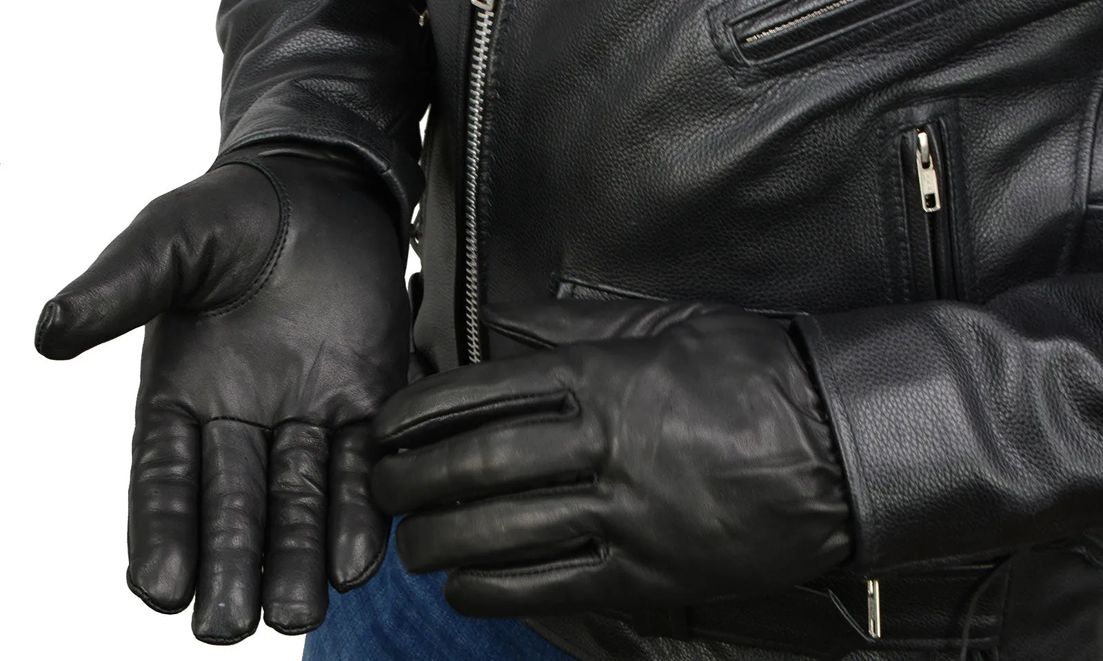 Milwaukee Leather SH734 Men's Black Leather Thermal Lined Gloves with Cinch Wrist