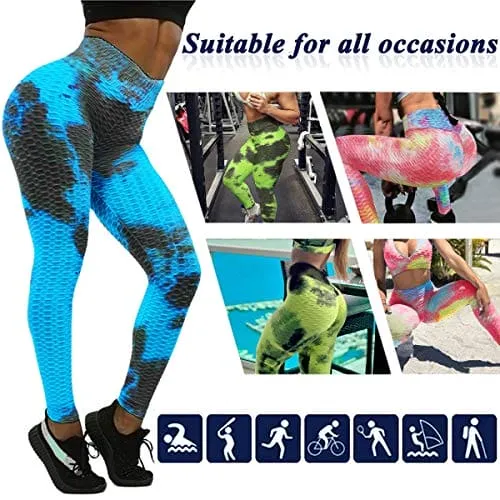 Murandick Textured Leggings for Women Scrunch High Waist Textured Yoga Workout Pants - Blue Pattern