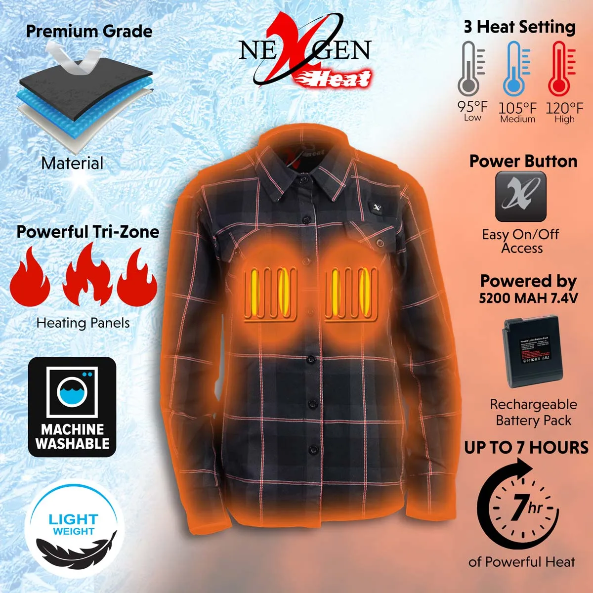 NexGen Heat Women’s NXL2602SET Bonnie Black - Grey Heated Flannel Sleeve Shirt for Outdoor Activities w/Battery