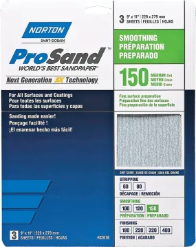 Norton ProSand 07660768160 Sanding Sheet, 11 in L, 9 in W, Medium, 150 Grit, Aluminum Oxide Abrasive, Paper Backing :PK  3: QUANTITY: 1