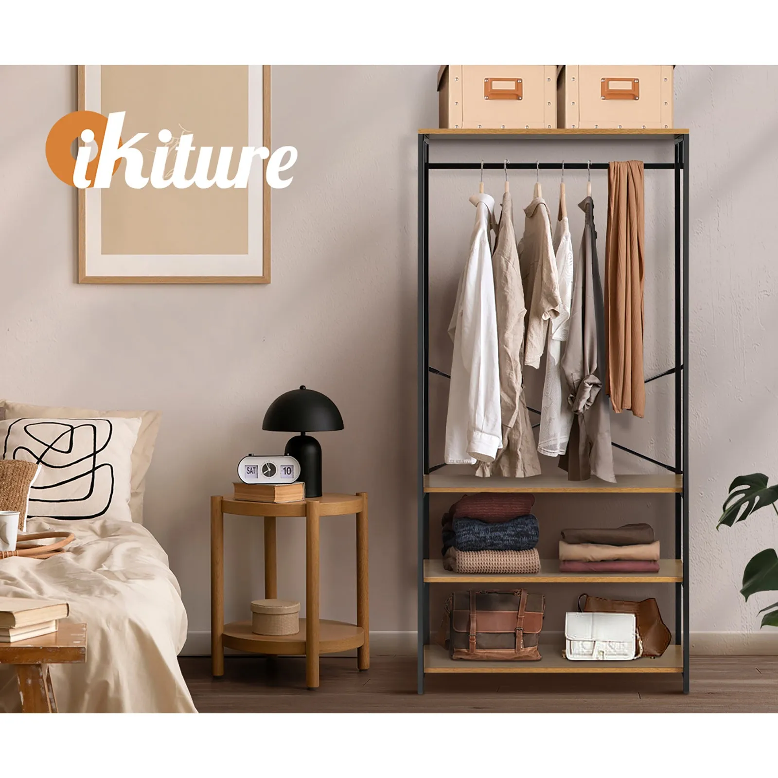 Oikiture Clothes Rack Open Wardrobe Garment Coat Hanging Rail Metal 4 shelves