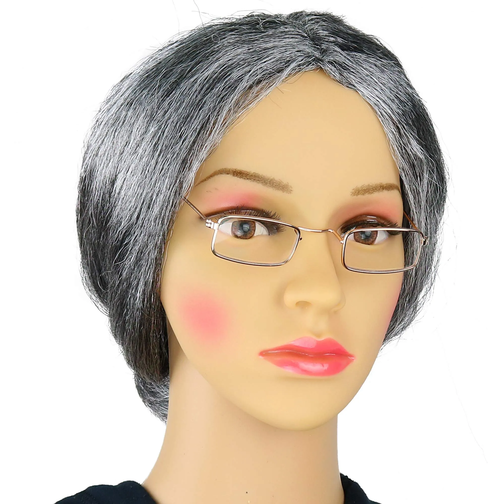 Old Lady Costume Set - Grey Granny Wig and Fake Gold Rectangle Eyeglasses Grandma Set for Women and Girls