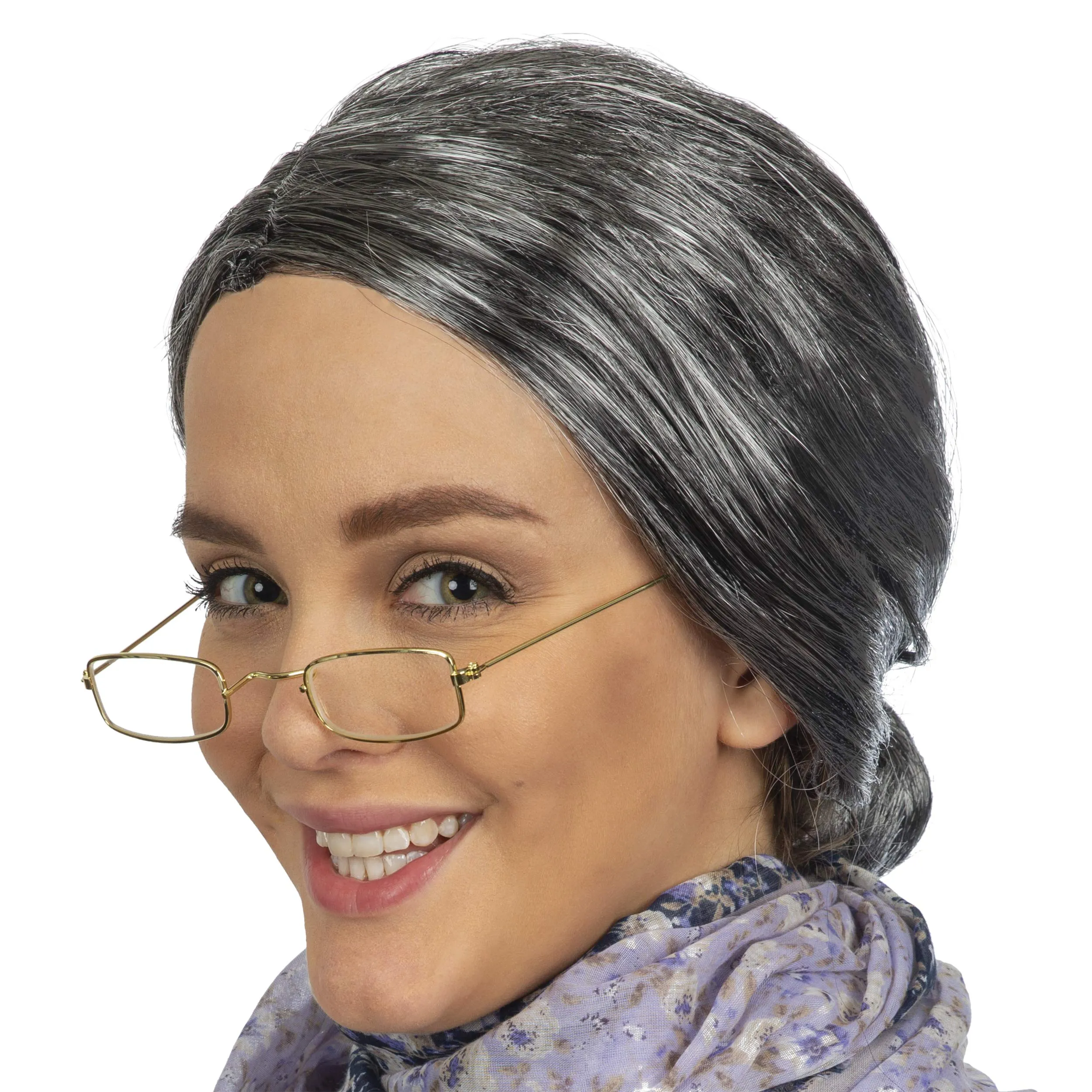 Old Lady Costume Set - Grey Granny Wig and Fake Gold Rectangle Eyeglasses Grandma Set for Women and Girls