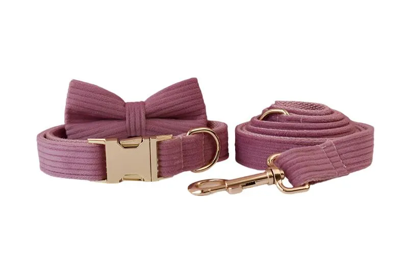 Old Rose Pink Velvet Collar with Detachable Bow Tie Personalized Leash Set