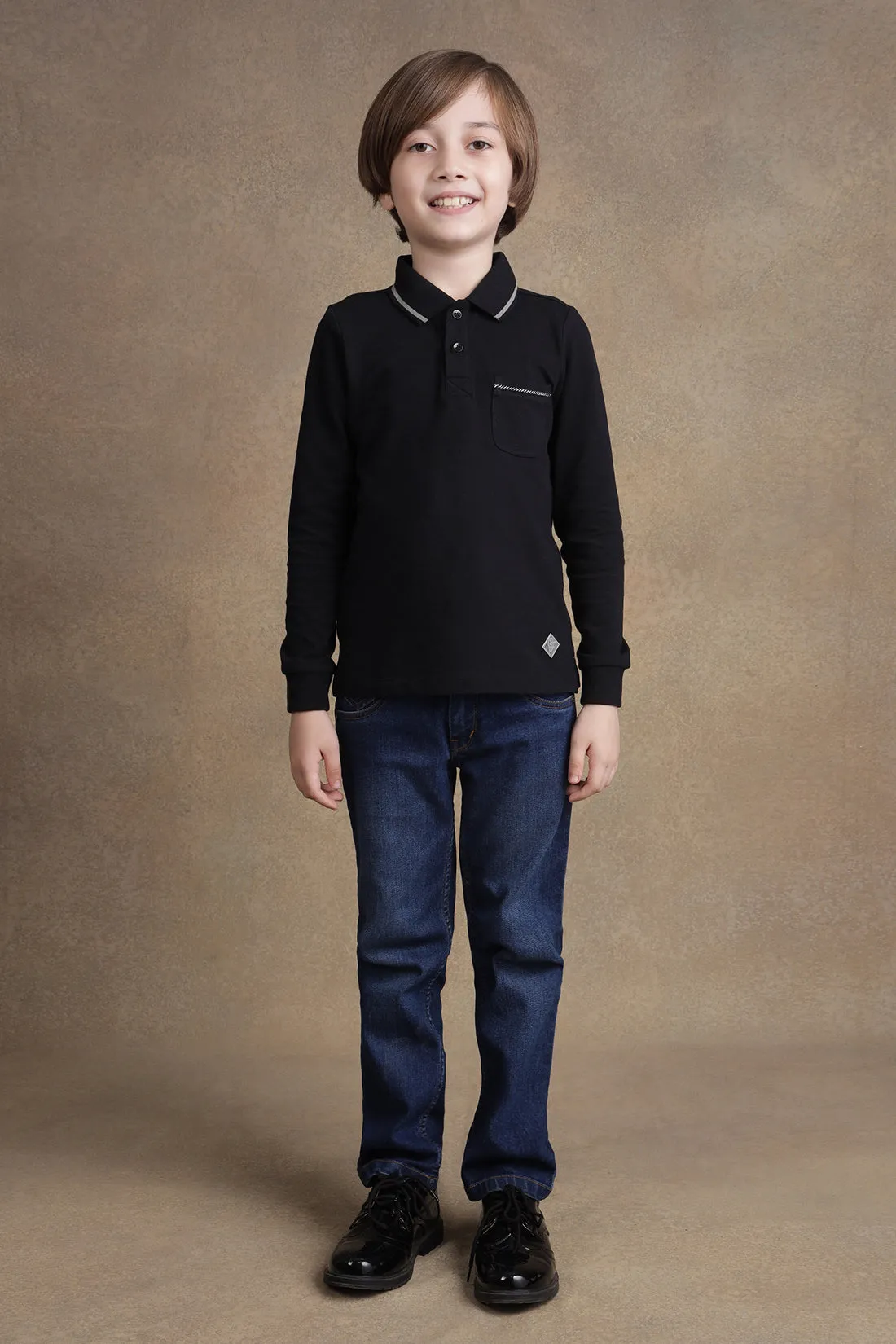 One Friday  Boys Black Full Sleeves Polo T-shirt