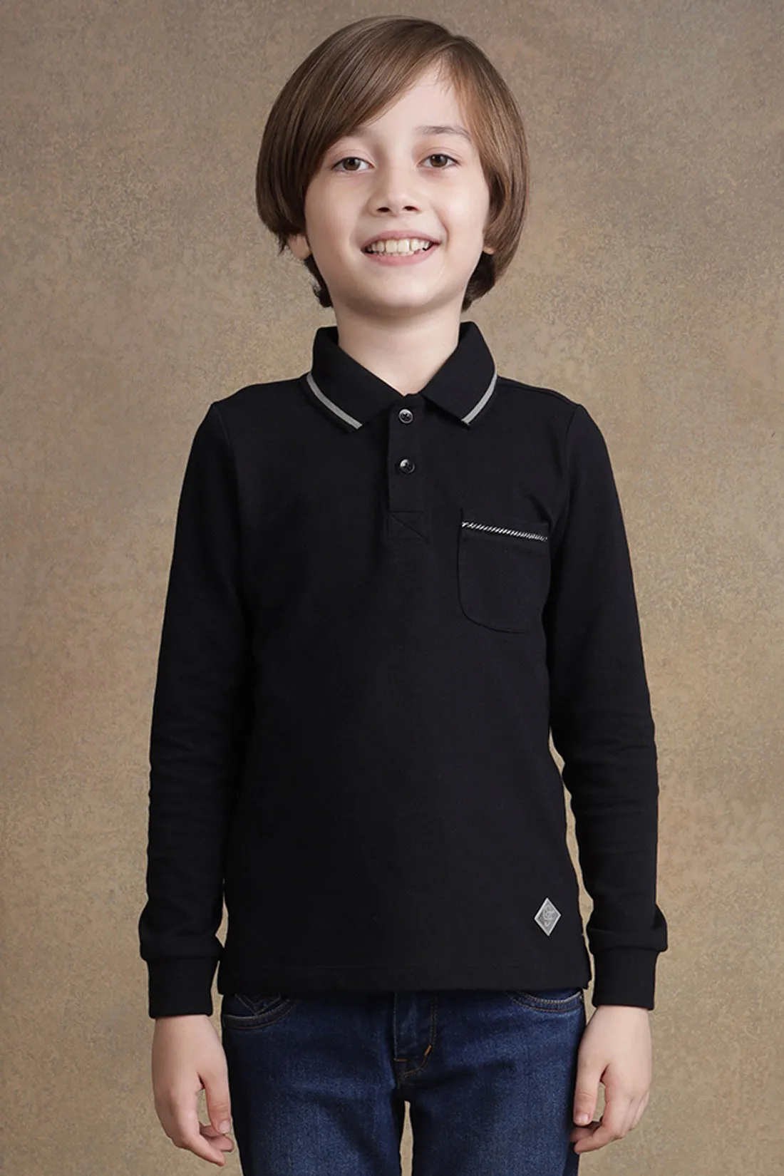 One Friday  Boys Black Full Sleeves Polo T-shirt