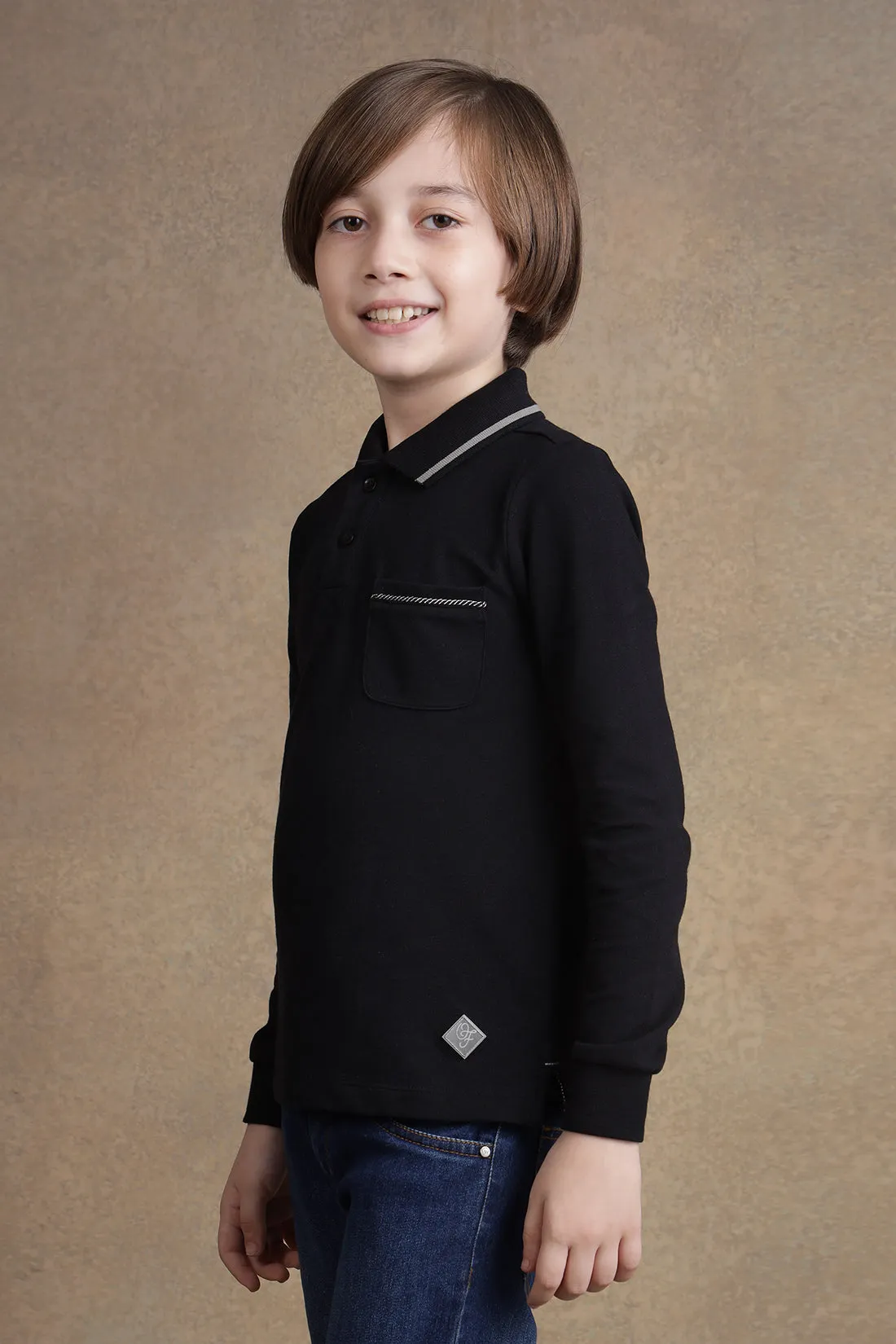 One Friday  Boys Black Full Sleeves Polo T-shirt