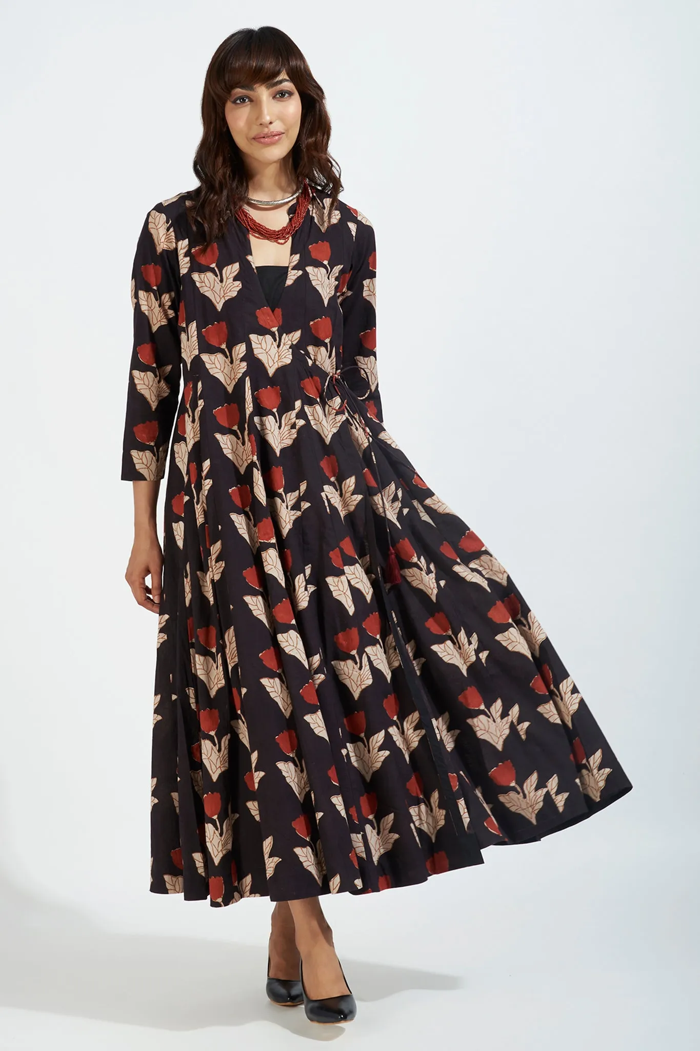 panel mughal angrakha with pockets & slip dress : mughal noir & midnight blooms