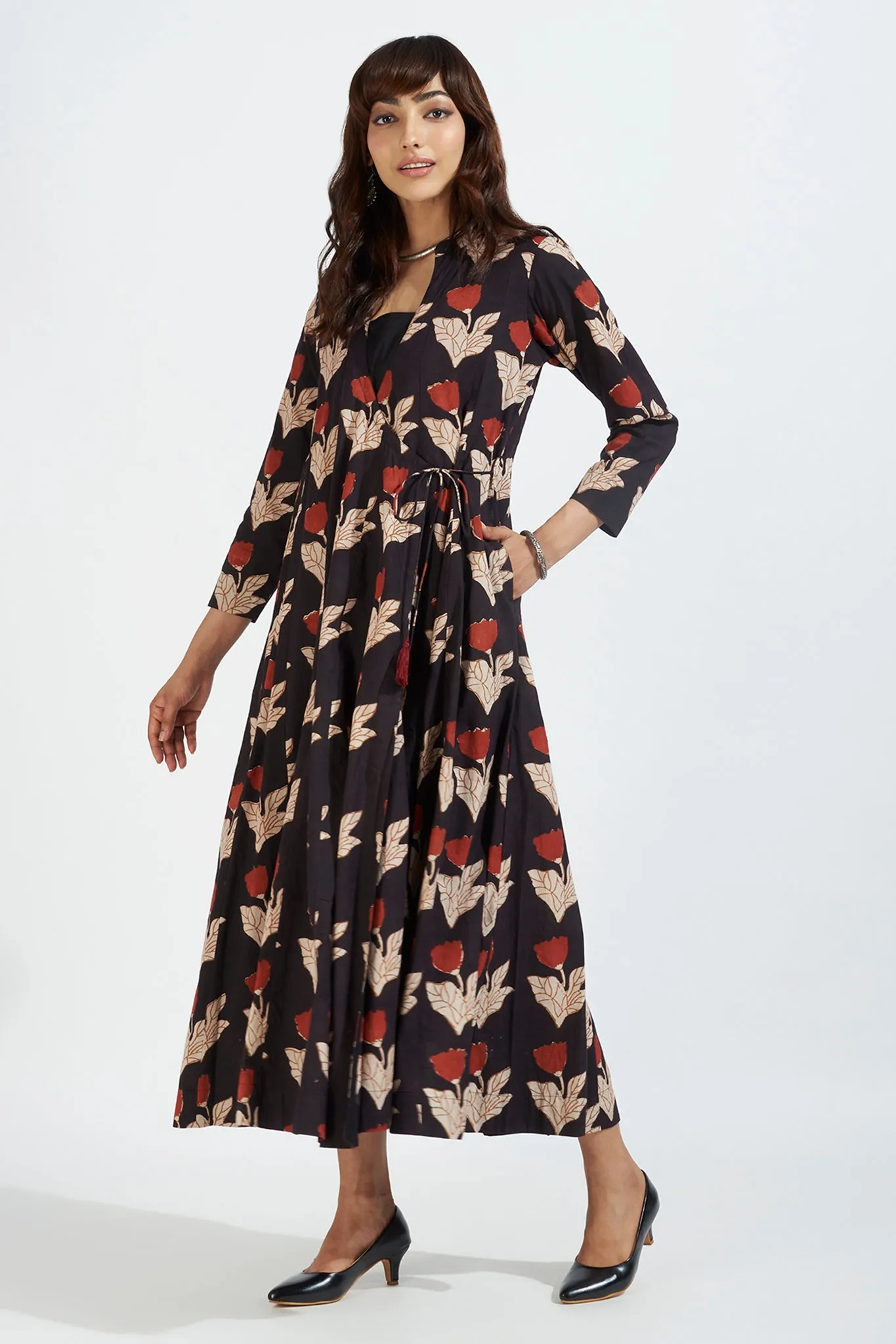 panel mughal angrakha with pockets & slip dress : mughal noir & midnight blooms