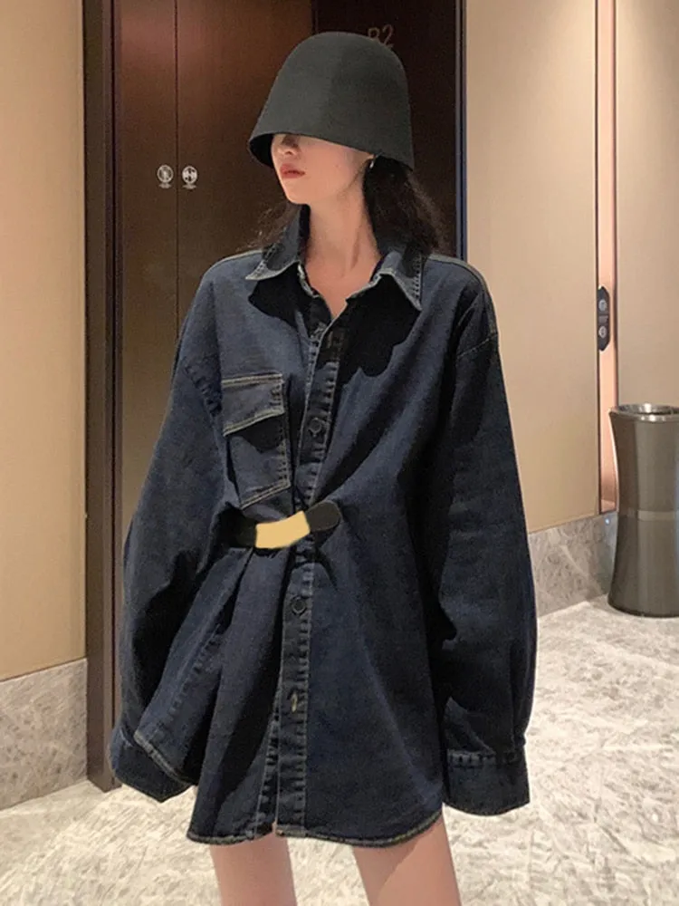 Patchwork Belt Jackets For Women Lapel Long Sleeve Spliced Pockets Solid Loose Casual Coat Female Fashion Clothing